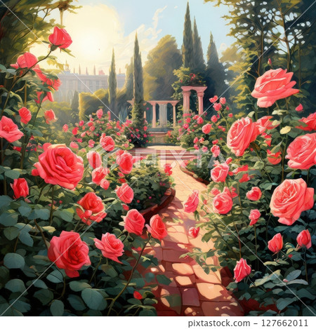 an AI Image Generator, Beautiful Rose Garden Pathway with Romantic Gazebo 127662011