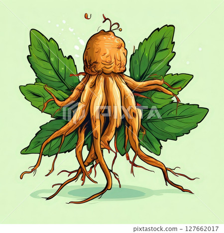an AI Image Generator, Illustration of a Ginseng Root with Green Leaves 127662017
