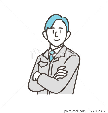 身著工作服、雙臂交叉、充滿自信的男工人 [向量插圖素材] 127662337