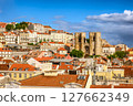 Panoramic view of Lisbon, Portugal, historic Alfama district with the iconic Se Cathedral, traditional Portuguese architecture with red-tiled rooftops and colorful cityscape on sunny day with bright 127662349