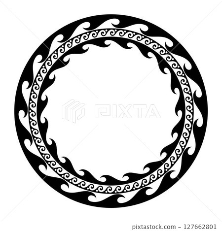 Monochrome round classic greek frame with ornament. Greek wave meander. Circle european border. Patterns of Greece, ancient Rome. Vitruvian wave. For card, textile, engraving, embroidery, porcelain Monochrome round classic greek frame with ornament. Greek wave meander. Circle european border. Patterns of Greece, ancient Rome. Vitruvian wave. For card, textile, engraving, embroidery, porcelain 127662801