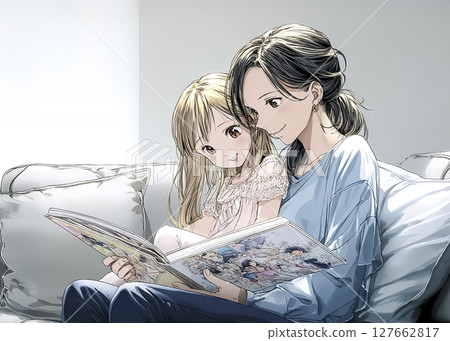 Illustration material of a mother reading to her child 127662817
