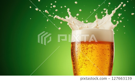 A pint of frothy beer captured in mid-splash against a green backdrop 127663139