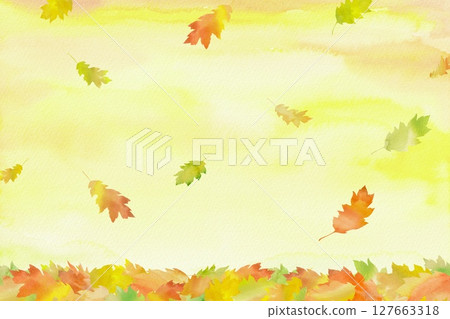 Oak leaves fluttering against the backdrop of the evening sky. Autumnal watercolor illustration. 127663318