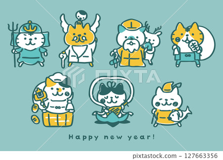 扮成七福神的貓咪賀年卡模板_七福貓② 127663356