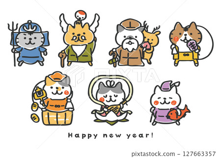 扮成七福神的貓咪賀年卡模板_七福貓③ 127663357
