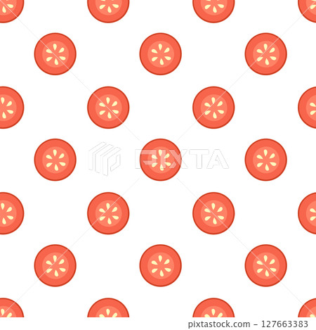 Seamless pattern with tomato slices. Summer vegetable wallpaper. Vector flat illustration. Seamless pattern with tomato slices. Summer vegetable wallpaper. Vector flat illustration. 127663383