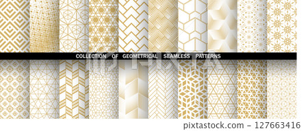 Geometric set of seamless golden and white patterns. Simple vector graphics Geometric set of seamless golden and white patterns. Simple vector graphics 127663416
