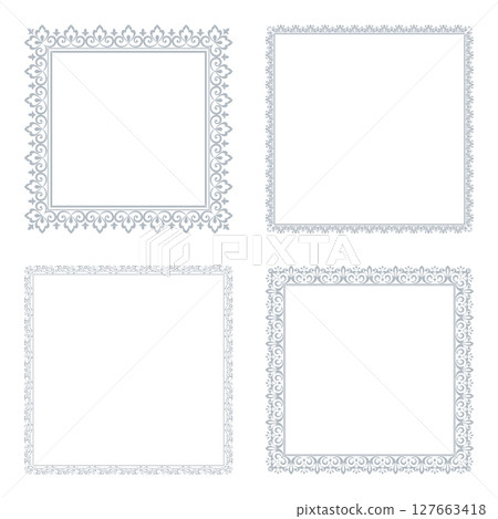 Set of decorative frames Elegant vector element for design in Eastern style, place for text. Floral gray and white borders. Lace illustration for invitations and greeting cards Set of decorative frames Elegant vector element for design in Eastern style, place for text. Floral gray and white borders. Lace illustration for invitations and greeting cards 127663418