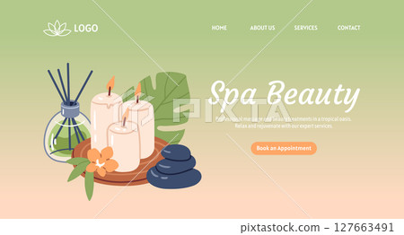 Spa landing page template. Serene design with burning aromatherapy candles, smooth massage stones and tropical leaves. Hand drawn vector illustration. Spa landing page template. Serene design with burning aromatherapy candles, smooth massage stones and tropical leaves. Hand drawn vector illustration. 127663491