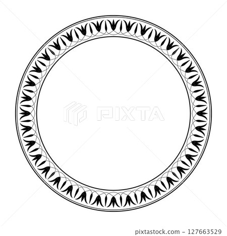Beautiful round frame with black and white floral pattern arabesques. Plate with floral design. Vintage, ethnic vector frame with arabesques (EPS). For round surfaces, household utensils, textiles 127663529