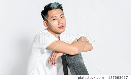 Stylish man with striking green hair 127663617