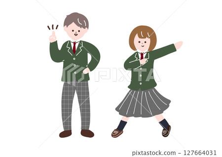 A high school boy with an idea and a high school girl in a hero pose: Illustrations of male and female students in uniform 127664031