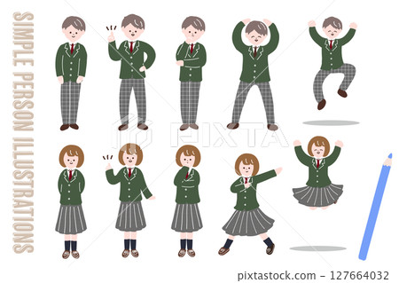 Expressive male and female junior and senior high school student character full body pose set Expressive male and female junior and senior high school student character full body pose set 127664032