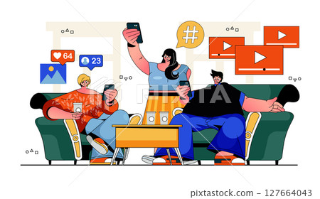 People sit in gadgets concept for modern web design. Men and women using smartphones, internet browsing, online communication, watching video. Flat vector illustration isolated on white background. 127664043