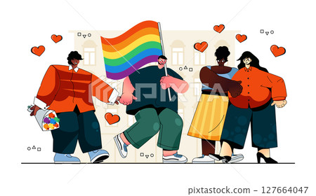LGBTQ community concept for modern web design. People with rainbow flag at gay pride parade, happy multiracial gay and lesbian couples at event. Flat vector illustration isolated on white background. 127664047