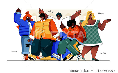 Black community concept for modern web design. African american people standing together, ethnicity diversity group, happy friends in crowd. Flat vector illustration isolated on white background. Black community concept for modern web design. African american people standing together, ethnicity diversity group, happy friends in crowd. Flat vector illustration isolated on white background. 127664092