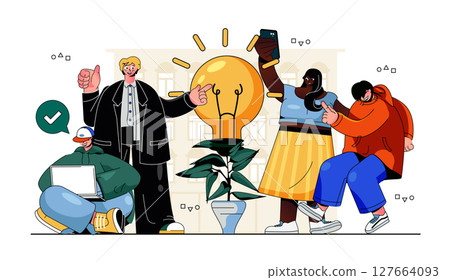 Big idea concept for modern web design. People brainstorming, working at business together, creating success strategy, generating new solutions. Flat vector illustration isolated on white background. 127664093