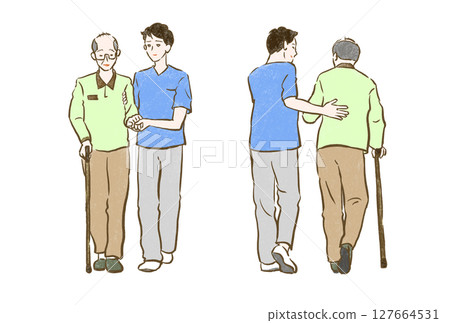 福利與照護：一名年輕男子扶著一名拄著拐杖的老人行走 127664531