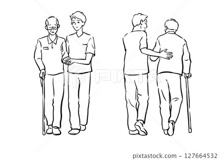 福利與照護：一名年輕男子扶著一名拄著拐杖的老人行走 127664532