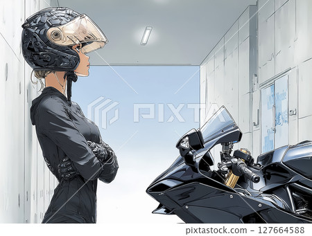 Illustration of a close-up of a female rider with her arms crossed 127664588