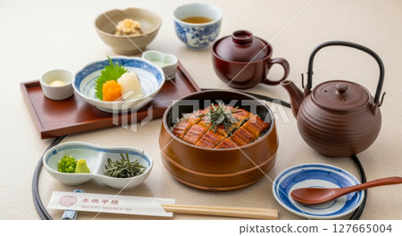 Authentic Hitsumabushi with condiments and teapot Japanese food stock photo Authentic Hitsumabushi with condiments and teapot Japanese food stock photo 127665004