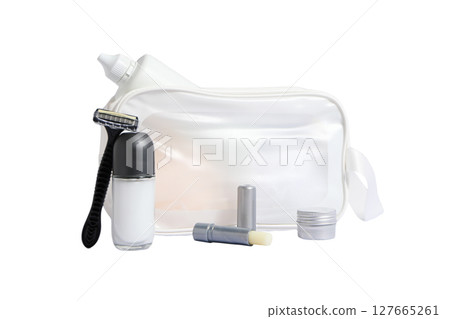 Toiletries bag with grooming items, isolated on white, PNG Toiletries bag with grooming items, isolated on white, PNG 127665261