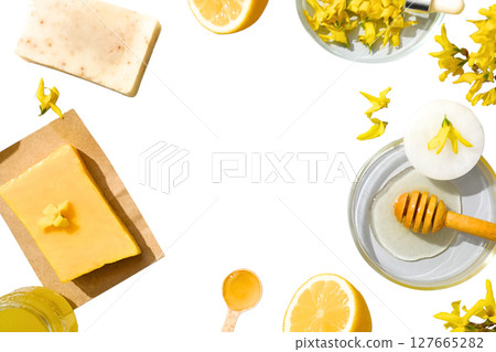 Yellow soap with natural ingredients, isolated on white, PNG 127665282