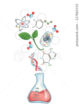 Blank for a postcard flask with red liquid from which a plant, cell, chemical formulas fly out. Watercolor illustration hand-drawn, cartoon. Drawing for a sticker, poster. science, school, laboratory 127665335