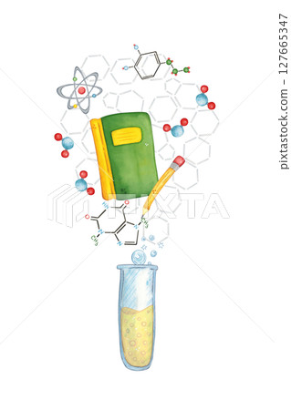 Blank for a postcard - a test tube and a book, chemical formulas fly out of it. Watercolor illustration drawn by hand, cartoon. Drawing for a sticker, poster. science, school, laboratory, biology 127665347