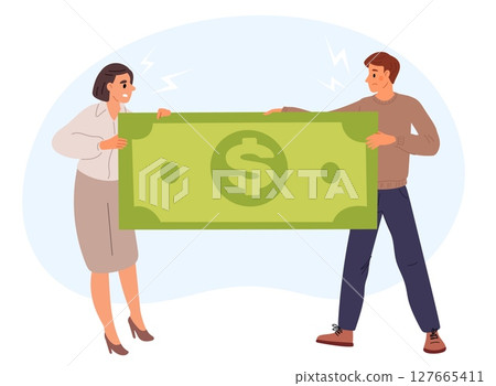 Angry husband and wife pull money in different directions. Couple divides family budget. Finance separation. Struggle for banknote. Man and woman divorce. People conflict. Vector concept Angry husband and wife pull money in different directions. Couple divides family budget. Finance separation. Struggle for banknote. Man and woman divorce. People conflict. Vector concept 127665411