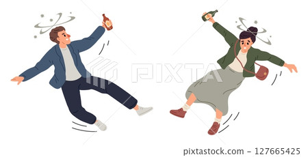 Drunken man and woman lose their balance and fall from dizziness associated with alcohol intoxication. Trembling people stumble. Addiction of booze. Unhealthy habits. Vector concept 127665425