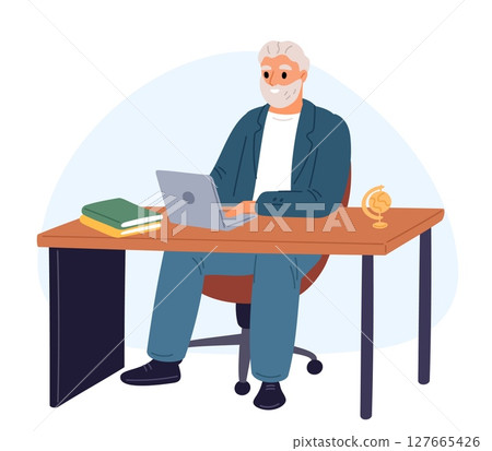 Elderly man sits at computer monitor. Vector concept Old male working on Internet. Senior person at laptop. office workplace. Grandparents occupation. Aged businessman. Vector concept 127665426