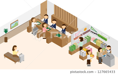 Image of a souvenir corner in an isometric hotel lobby 127665433