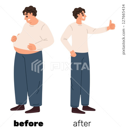 Fat and slim man. Before and after weight loss. Diet and proper nutrition. Fastfood calories. Overweight guy. Slimming person. Slender or obese male. Unhealthy obesity. Vector concept 127665434