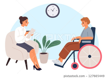 Female therapist conducts psychotherapy session with disabled man in wheelchair. Rehabilitation and recovery. Male with disability. Patient treatment. Medical consultation. Vector concept Female therapist conducts psychotherapy session with disabled man in wheelchair. Rehabilitation and recovery. Male with disability. Patient treatment. Medical consultation. Vector concept 127665449