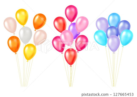 Festive realistic inflatable multicolored balloons. Birthday helium spheres bunch. Inflated balls flying. Celebration decorations. Helium bubbles. Vector holiday party floating objects set Festive realistic inflatable multicolored balloons. Birthday helium spheres bunch. Inflated balls flying. Celebration decorations. Helium bubbles. Vector holiday party floating objects set 127665453