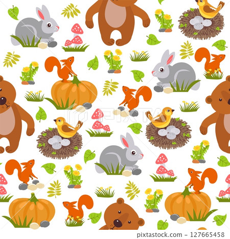 Forest animals seamless pattern. Cartoon bear and squirrel. Cute hare with pumpkin. Bird nest. Repeated baby print. Dandelion flower. Mammals at meadow. Nature wildlife. Vector background 127665458
