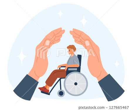 Human hands protect shutting down young man in wheelchair. People with disabilities protection. Disabled persons support and care. Medical assistance. Handicap insurance. Vector concept 127665467