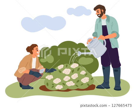 People work in garden. Woman planting flowers. Man with watering can. Agriculture worker. Gardeners growing bush. Couple gardening in nature. Farmers care of blooms. Vector concept People work in garden. Woman planting flowers. Man with watering can. Agriculture worker. Gardeners growing bush. Couple gardening in nature. Farmers care of blooms. Vector concept 127665473