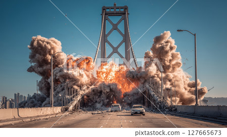 Tragic bridge collapse with cars trapped in chaos during daylight hours 127665673