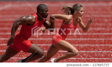 Sprinting in harmony as a man hands the baton to a woman on the track Sprinting in harmony as a man hands the baton to a woman on the track 127665737