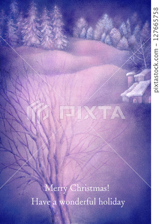 聖誕卡上繪有淡紫色的水彩雪景 127665758