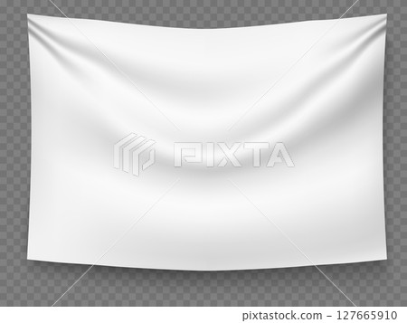 Realistic white sheer fabric banner on transparent background. 3D pennant hanging. Canvas material flag with fold texture. Stretched rectangular cloth mockup. Vector textile billboard Realistic white sheer fabric banner on transparent background. 3D pennant hanging. Canvas material flag with fold texture. Stretched rectangular cloth mockup. Vector textile billboard 127665910