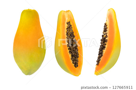 Set of papaya fruit and half and slice isolated. Set of papaya fruit and half and slice isolated. 127665911