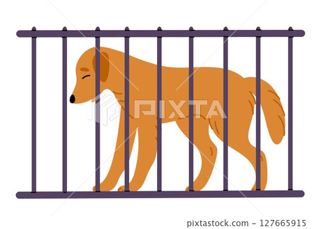 Sad dog sits in cage. Domestic animal shelter. Doggy adoption. Homeless pet. Canine veterinary. Upset mammal kennel with lattice. Abandoned puppy. Lost labrador waiting. Vector concept Sad dog sits in cage. Domestic animal shelter. Doggy adoption. Homeless pet. Canine veterinary. Upset mammal kennel with lattice. Abandoned puppy. Lost labrador waiting. Vector concept 127665915