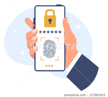 Scanning fingerprints on screen to unlock your smartphone. Biometric unique identification. Security technology. Electronic scanner. Phone password. Hand holding device. Vector concept 127665925