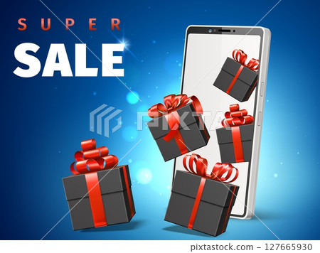 Smartphone with holiday gift boxes flying out of screen. Big sale. Present bonus. 3D phone screen. Promotion advertising background. Online shopping. Vector realistic marketing banner 127665930