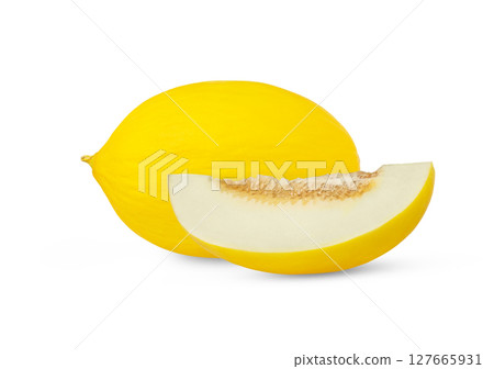Yellow melon and a cut with seeds isolated.  127665931