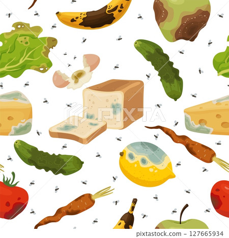 Spoiled and smelly food seamless pattern. Moldy bread. Rotten carrots and lemons. Repeated print. Stinking tomato. Stinky cucumber and banana. Filthy lettuce leaves. Vector background 127665934